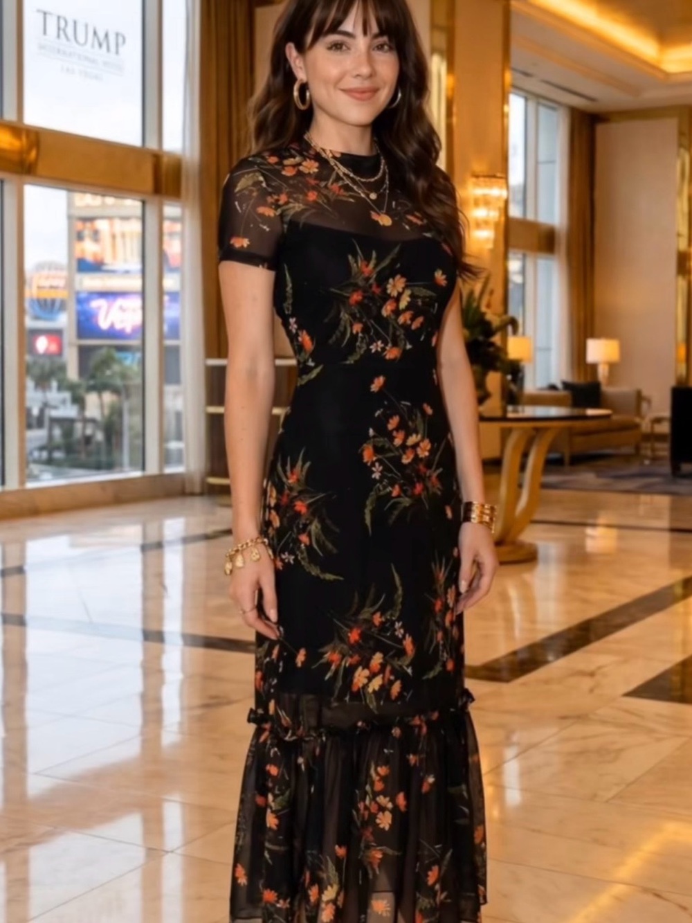 Black Floral Mesh Maxi Dress with Ruffle Hem XL